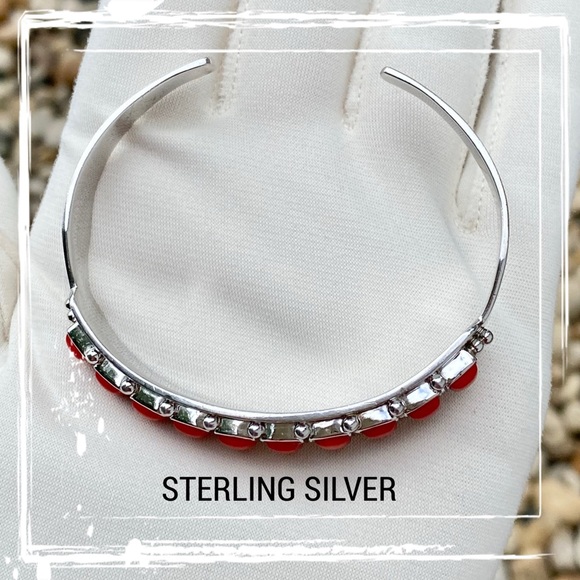 Red Coral Sterling Silver Row Cuff Bracelet - Picture 6 of 11